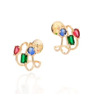 Brinco Meia Argola Tripla Folheada a Ouro 18k Com Cristais - 527252