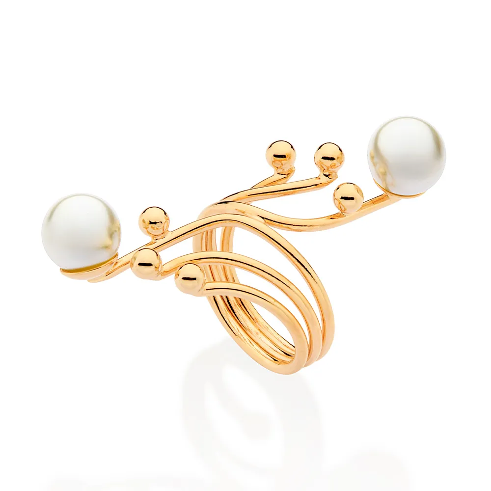 Maxi Anel Aro Triplo Folheado a Ouro 18k Com Pérolas Sintéticas - 513449