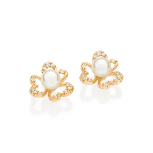Brinco Flor Folheado a Ouro 18k Com Zircônias e Pérola Sintética - 52724