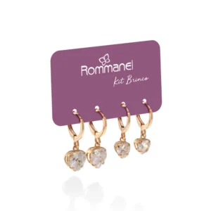 Kit brinco argola coração banhado a ouro 18k com zircônias - 527300