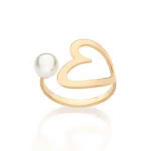 Anel ajustável coração banhado a ouro 18k com pérola 513468