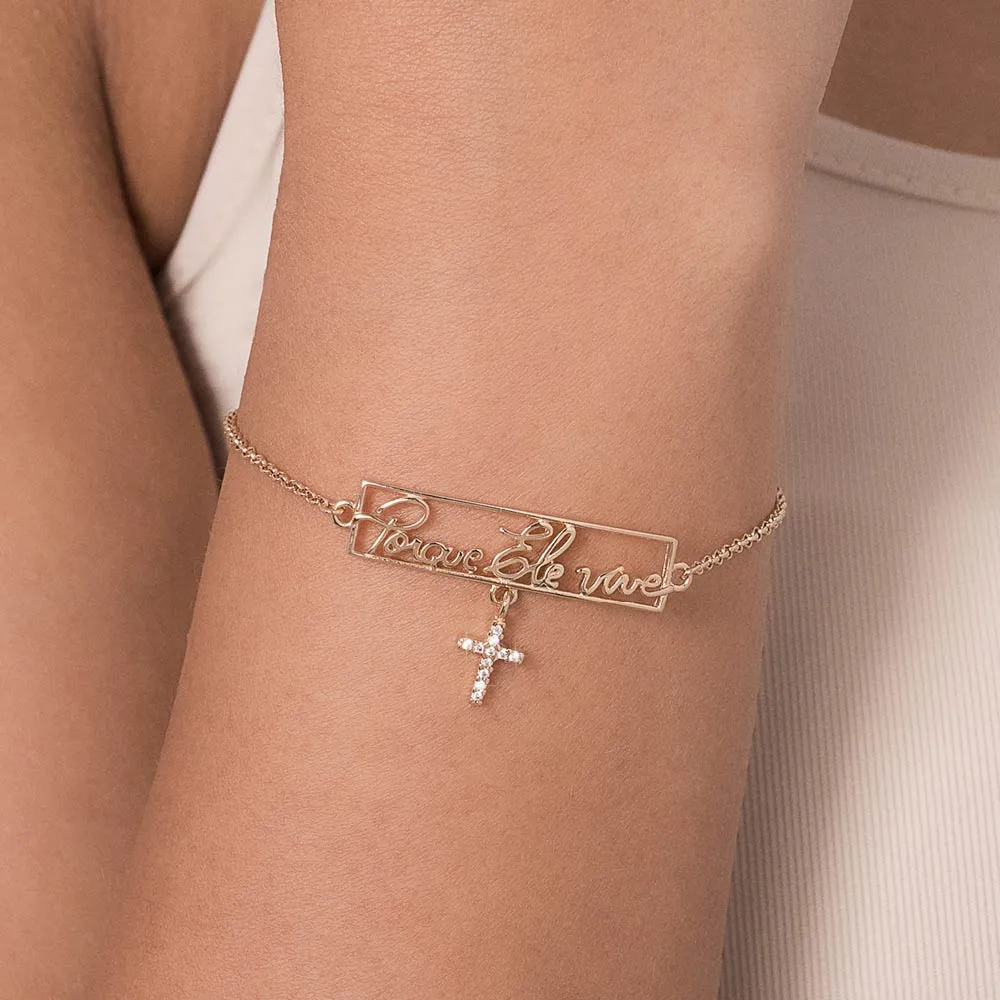 PULSEIRA COM FRASE PORQUE ELE VIVE E CRUZ BANHADA A OURO 18K COM ZIRCÔNIAS - TAM.19 552176 - Imagem 2