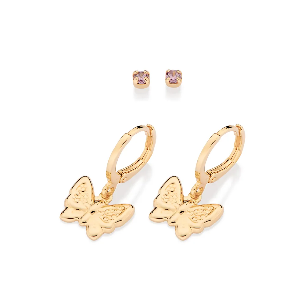 KIT BRINCO SOLITÁRIO E ARGOLA COM BORBOLETA BANHADO A OURO 18K COM ZIRCÔNIAS - TAM.ÚNICO 527432 - Imagem 3