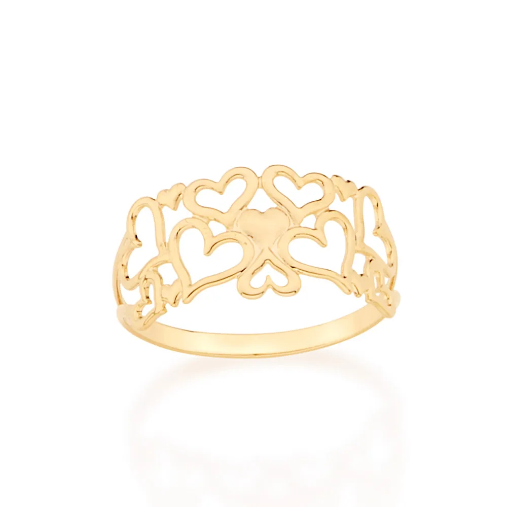 ANEL BANHADO A OURO 18K CORAÇÕES TAM 14 512357